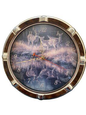 Deer-Themed Quartz Wall Clock With Gold & Wood Finish Frame